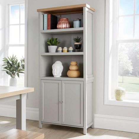 Oak Tall Display Bookcase 3 Shelf 2 Door Storage Cupboard Metal Handles 36mm Top (1/5)