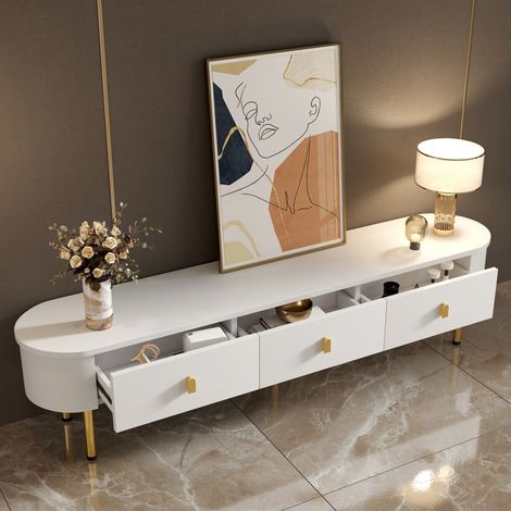 Meuble TV bas avec tiroirs, poignées et pieds dorés, angles arrondis, commode pour salon, rangement élégant (1/5)