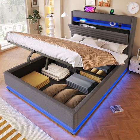 DESVIAE Lit rembourré 140 x 200 cm avec rangement hydraulique LED USB Type C tête de lit capitonnée table de chevet intégrée en lin gris (1/5)