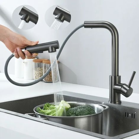 Mitigeur de cuisine rotatif, extractible Robinet d'évier de cuisine avec douchette extractible à 360°, 2 fonctions, mitigeur de cuisine (Sans tuyau) (1/5)