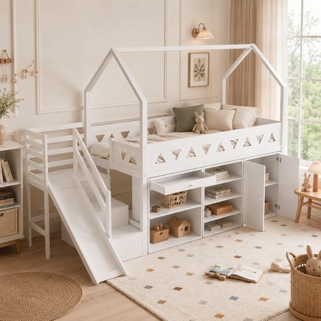 Letto per bambini, letto singolo, letto multifunzionale per bambini, con scivolo e scale, con cassetti e armadietto, senza materasso, legno massello, bianco, 90200 (1/5)