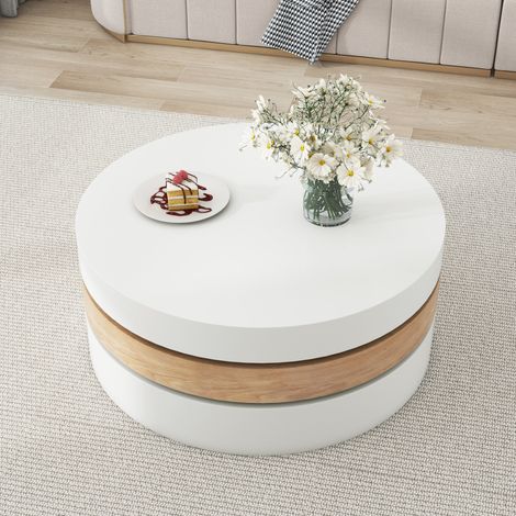 Table basse ronde 60x60x35,1 cm blanc et bois, plateau pivotant 360° avec rangement, MDF, MEUBLIV (1/5)