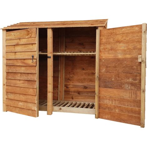 Wooden Log Store, W227xH180cm (Brown finish) With doors and With Kindling Shelf