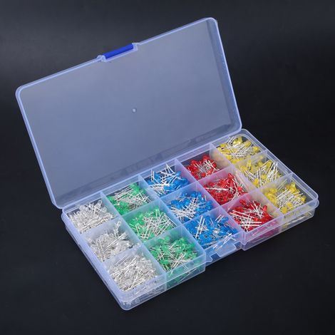 Lot de 1000 LED 3mm multicolores Rouge/Jaune/Bleu/Vert/Blanc - Diode électroluminescente, boîte de rangement assortie (1/4)