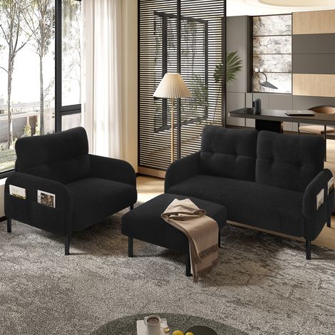 Sofa-Set 3-teilig 120/75/79 cm in Schwarz aus Cord mit Seitentasche und tiefer Sitzfläche (1/5)