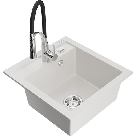 Mexen Vito évier en granit 1 bac avec robinet de cuisine Aster, blanc - 6503-20-73450-07 (1/5)