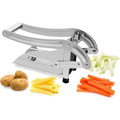 Cortador de patatas fritas, Acero inoxidable, Fácil de limpiar, Mango extensible, Presiona para cortar, zanahorias y pepinos, Plateado, negro (1/5)