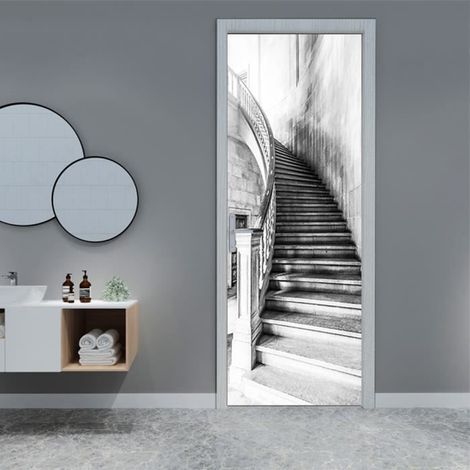 Stickers 3D Porte Poster Escalier Noir Et Blanc Créatif Créatif Papier Peint Porte Trompe L'Oeil Pour Salon Décoration, 77X200Cm (1/4)