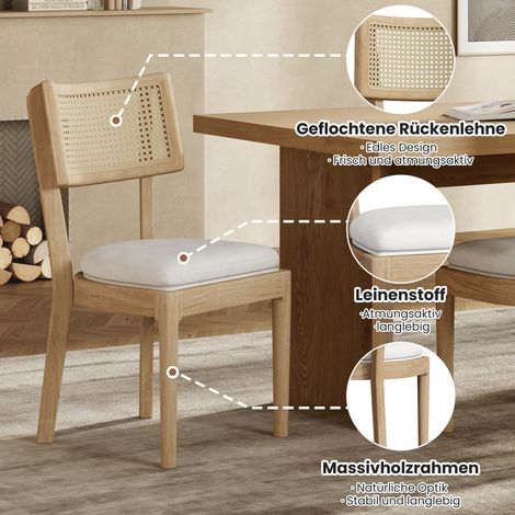 2 Chaises en bois massif avec dossier rotin, confortables et aérées, pour salle à manger, salon, café, style moderne, lin, teinte bois (1/5)