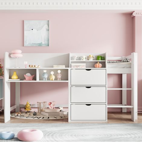 lit chambre enfant rangement maison 90x200 bois blanc HAVRYA (1/5)