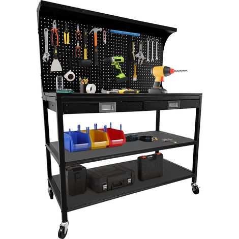 Établi roulant industriel 48'' avec plateau en bois, 2 tiroirs, 3 prises électriques, étagères, panneau perforé, 35 crochets – Table robuste garage, atelier, bricolage – Couleur : noir