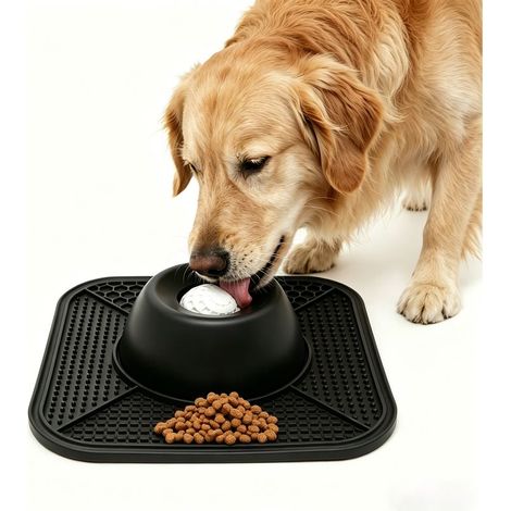 Gamelle et tapis à lécher pour chiens, adaptés aux friandises liquides et solides. La gamelle antidérapante est dotée d'une balle interactive et convient aux chiens et chats de toutes tailles. (1/5)