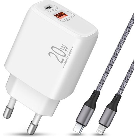 20W Chargeur Rapide USB C/A + 1M Câble USBC Lightnings Nylon Pour 14/13/12/11/Pro/Max/mini/SE/XR/XS/X/8, iPad avec Port Lightnings, Prise Adaptateur Secteur PD et QC 3.0 (1/5)