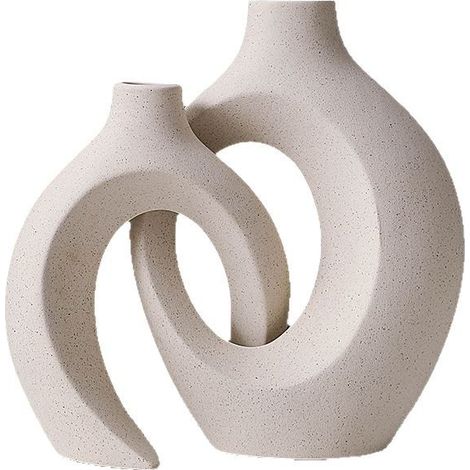 Lot de 2 vases Creux en céramique, Vase décoratif d'intérieur Beige Moderne pour décoration Nordique, vases à Fleurs Ronds esthétiques bohème (1/5)