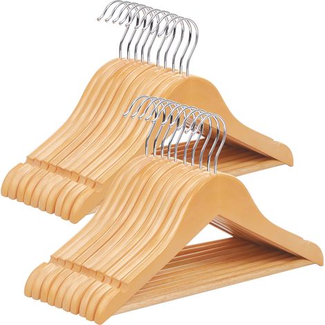 SONGMICS Set di 20 Grucce Bambini in Legno Massello, Grucce per Bambini, con Barra Appendiabiti, Scanalature, Gancio Girevole a 360°, Lunghezza di 35 cm, Naturale e Argento CRW006-20 (1/5)