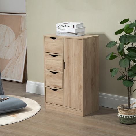 HOMCOM Wohnzimmer-Sideboard mit 4 Schubladen, 1 Tür und Einlegeboden, vielseitiges Aufbewahrungsmöbel für Bad, Schlafzimmer und Esszimmer, 54 x 29 x 83 cm, Eiche