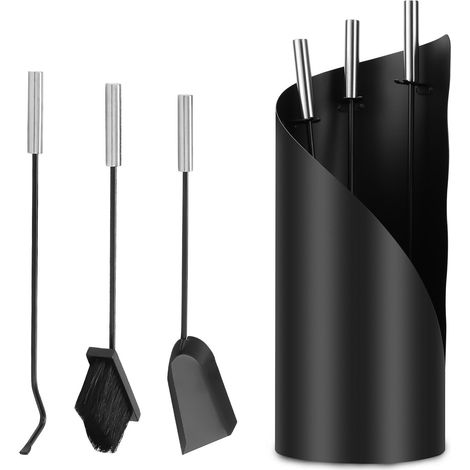 Jiubiaz Kaminbesteck, 4-teilige Kamingarnitur mit Schaufel, Besen, Feuerhaken & Ständer, Ofenbesteck modern, schwarz