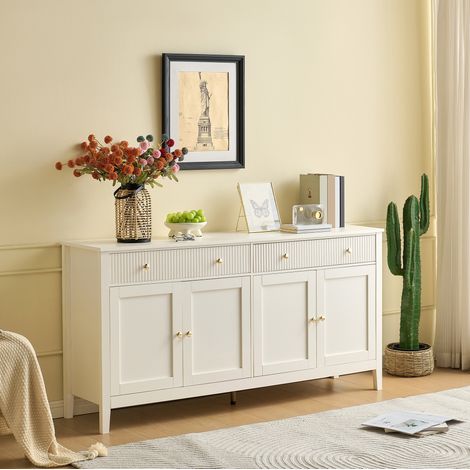 Aparador blanco 160 x 40 x 82 cm con 2 cajones, 4 puertas y estantes regulables DESVIAE (1/5)