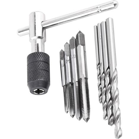 Kit de herramientas para roscar: 9 machos de roscar, mango en T, brocas helicoidales