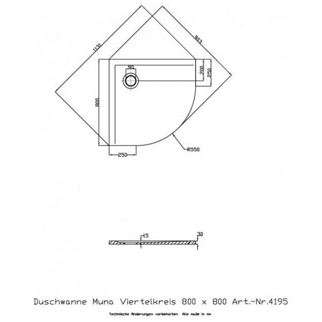 Receveur de douche quart de cercle MUNA 800x800x30mm