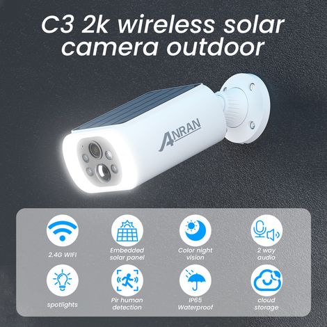 Anran – Caméra de surveillance extérieure sans fil WiFi solaire 3MP – Audio bidirectionnel – Détection mouvement PIR – Vision nocturne IP65