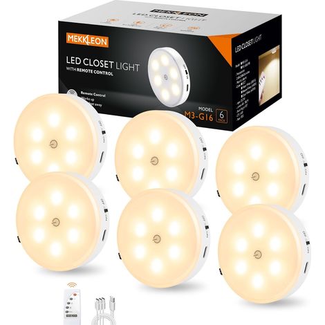 Set di 3 luci rotonde con telecomando, ricaricabili da 1000 mAh, per sottopensili, luci LED per armadi, luci adesive wireless per sottopensili, corridoi, scale (6 pezzi)