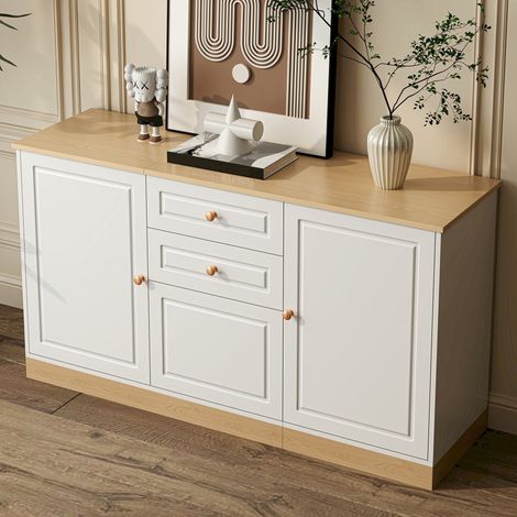 Buffet bas, Meuble de rangement pour salle à manger et salon, Bahut moderne chic scandinave avec 3 portes et 2 tiroirs, 135.5x39x76 cm, Blanc et bois