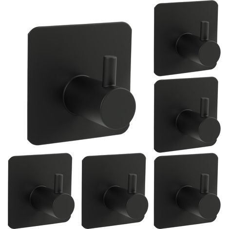 6PCS Crochet Adhésif Noir, Crochets en Acier Inoxydable sans Perçage pour Salle de Bain, Cuisine, Bureau, Idéal Accroche Serviette, Torchons, Clés, Vêtements - (1/5)