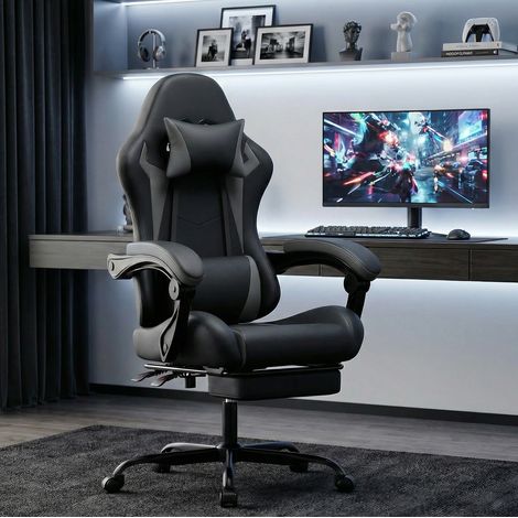 Silla de juego ergonómica negro y gris en PVC con reposapiés retráctil, respaldo reclinable y soporte lumbar (1/4)