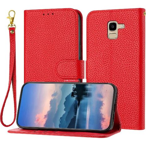 Una custodia per telefono con motivo a litchi per Samsung Galaxy A6 2018, dotata di scomparto per carte, design a libro e realizzata in pelle PU. (1/2)