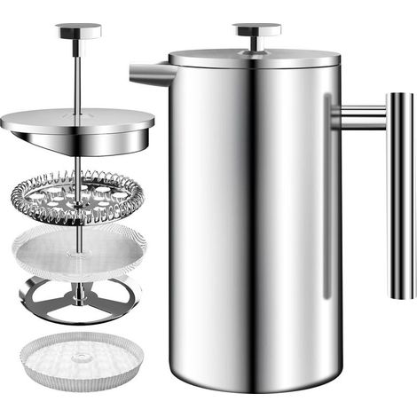 Stainless Steel French Press Coffee Maker - Triple Filter Espresso and Tea Maker - Heat-Resistant Glass with Steel Plunger - Portable Coffee Maker - 34 oz (1.0 Liter) - Silver (1/5)