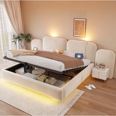 Lit coffre 180 x 200 cm avec LED RGB, prises USB-C, tête de lit velours beige OKWISH (1/5)
