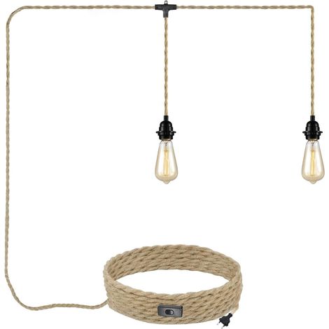 Lampe Suspendue à Corde de Chanvre avec Prise 2 Douilles E27 Câble Textile 6M Kit Suspension Luminaire Vintage avec Interrupteur et Prise Lustre DIY pour Salle à Manger/Chambre, Sans Ampoule (1/5)