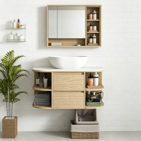 Meuble sous vasque suspendu pour salle de bain avec tiroirs à fermeture douce et étagères, rangement pratique, coloris blanc (1/5)