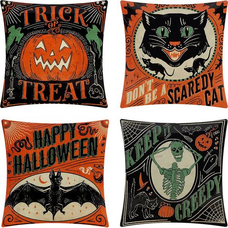 Set mit 4 Halloween-Leinenkissenbezügen für Sofa, Kürbiskopf-Design, Halloween-Canvas-Design für Sofalehne (45 x 45 cm) (1/4)