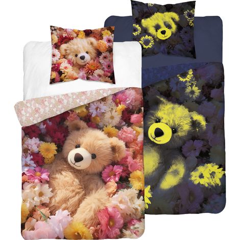 Parure de lit phosphorescente 140x200 cm, motif ours en peluche et fleurs (1/5)