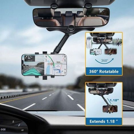 Support téléphone voiture - - Rétroviseur - Rotatif 360° - Rétractable - Compatible tous smartphones (1/4)
