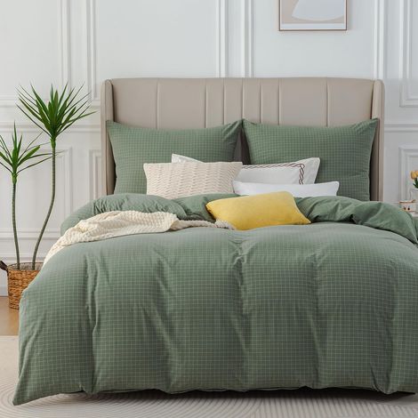 Parure de lit 2 pièces 135 x 200 cm en coton doux, motif à carreaux, vert, 100 % coton lavé, comprend 1 housse de couette 135 x 200 cm et 1 taie d'oreiller 80 x 80 cm avec fermeture éclair (1/5)