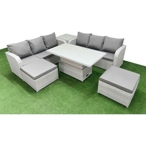 Fimous Outdoor Garden Furniture Sets 8 Seater Wicker Rattan Furniture Sofa Sets with Adjustable Lifting Dining or Coffee Table high Back Lounge Sofa 2 Big Footstool Side Table Light Grey (1/5)