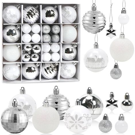 Boules de Noel 44 Pièces, Boule de Noel Argent Blanc, Decoration Noel Sapin Plastique, Boules et Étoiles de Sapin de Noël, Suspendues Ornements pour Arbre de Noel Maison JardinArgent Blanc (1/5)