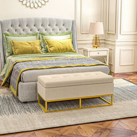 Banc de rangement. Capitonnage décoratif. Aspect flanelle. Pieds en acier doré. 110 x 47 x 46,5 cm (1/5)