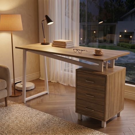 Scrivania con 3 cassetti portaoggetti 130x55x75 cm - tavolo da computer per studio e ufficio - stile moderno in mdf e metallo - legno naturale e bianco (1/5)