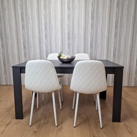 Dining Table and 4 Chairs Black Dark Grey 4 White Leather Chairs Wood Dining Set Furniture (1/5)