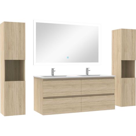 Ensemble meubles Salle de Bain 120cm vasque et colonnex2 et LED miroir Chêne Wotan