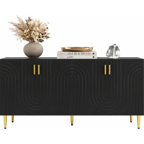 CHICFURN Aparador 152x40x75 cm de MDF negro, puertas onduladas, tiradores y patas dorados (1/5)