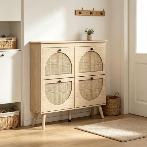 Schuhschrank platzsparend 105 x 24 x 97.5 cm - schuhkipper mit 4 klappen aus rattan boho-stil flurkommode - naturholz (1/5)