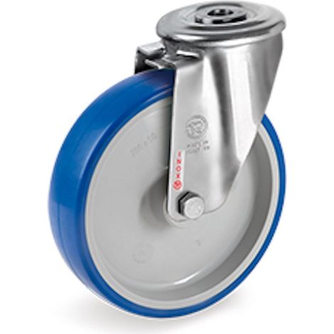 Roulette à oeil INOX pivotante diamètre 80 mm roue polyuréthane BLEU-SOFT® - 75 Kg (1/2)