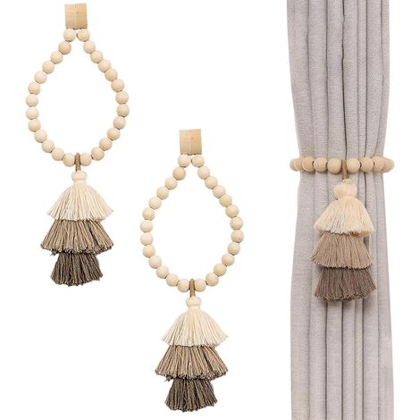 2 Pièces Embrasse Rideau Magnetique, Perles Bois Naturel, Corde Chanvre, Pompons Décoratifs, Pour Salon Chambre Bureau (1/5)