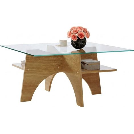 ELVMI Tavolino Quadrato con 1 vano, piano in vetro, struttura in MDF, soggiorno, 80×80×40 cm (1/5)