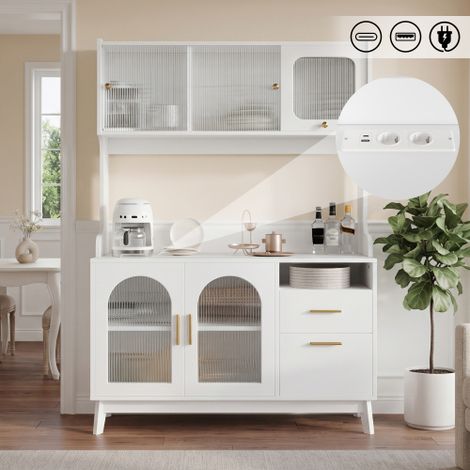 Aparador alto para comedor de 120 x 40 x 178 cm, con varios niveles de almacenamiento, toma de corriente integrada y puertos USB-C y USB-A, color blanco. (1/5)